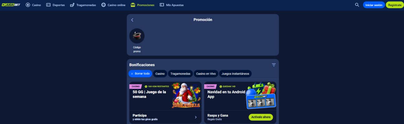 JugaBet promoción de bienvenida